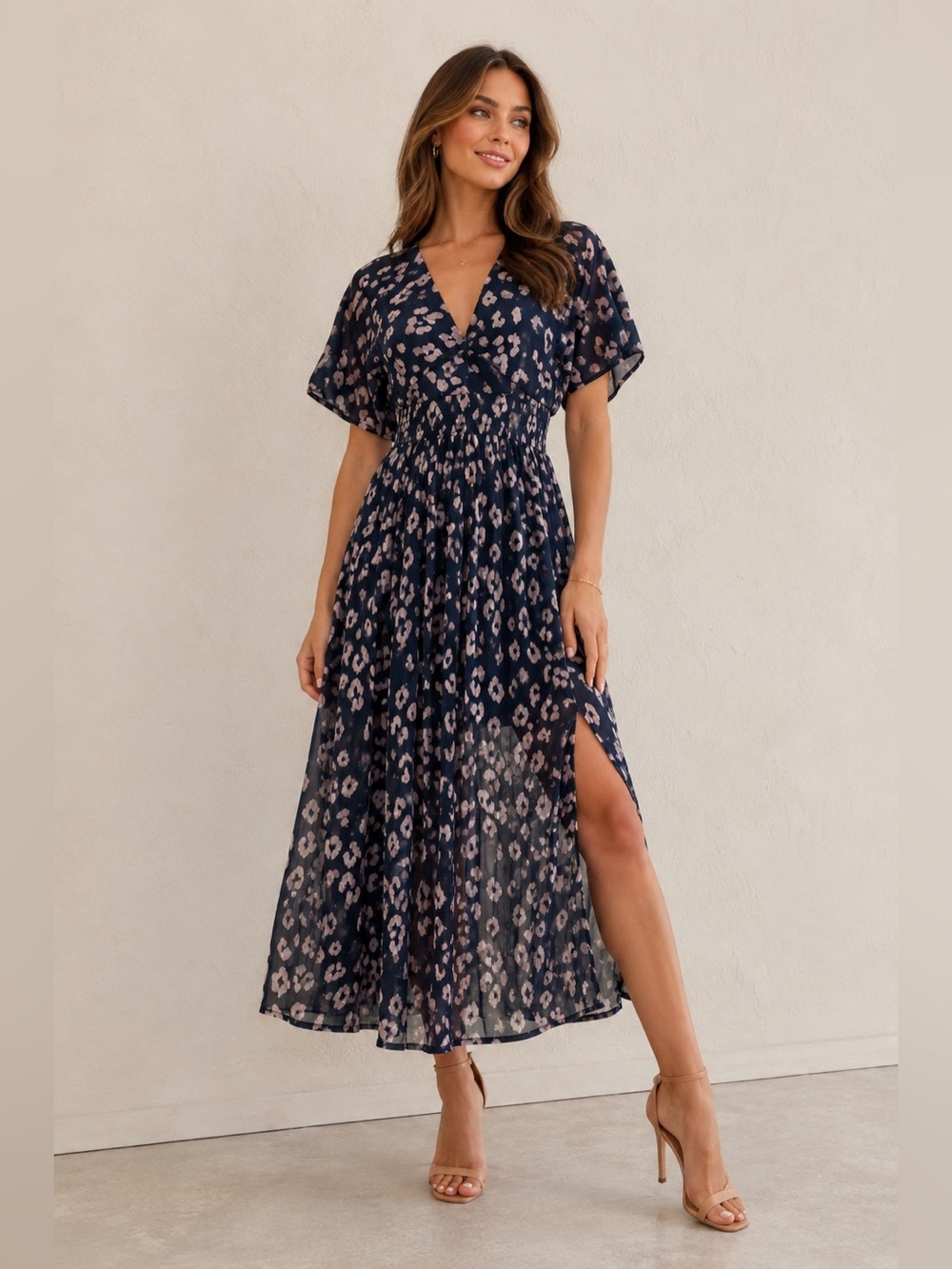 NWT | Socialite | Navy Leopard Print Maxi Dress Dolman Sleeve - Size XS